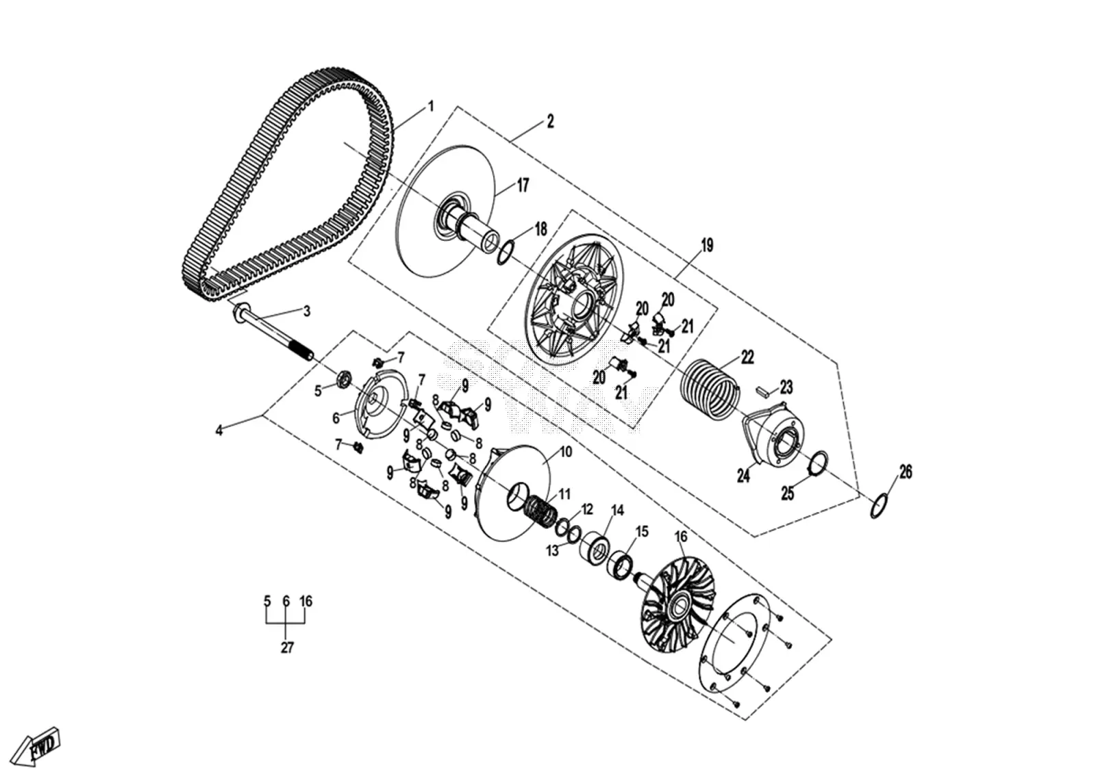 Dibujo del despiece: Variador (CVT) (sin limitador de velocidad, rodillos de 16 g)