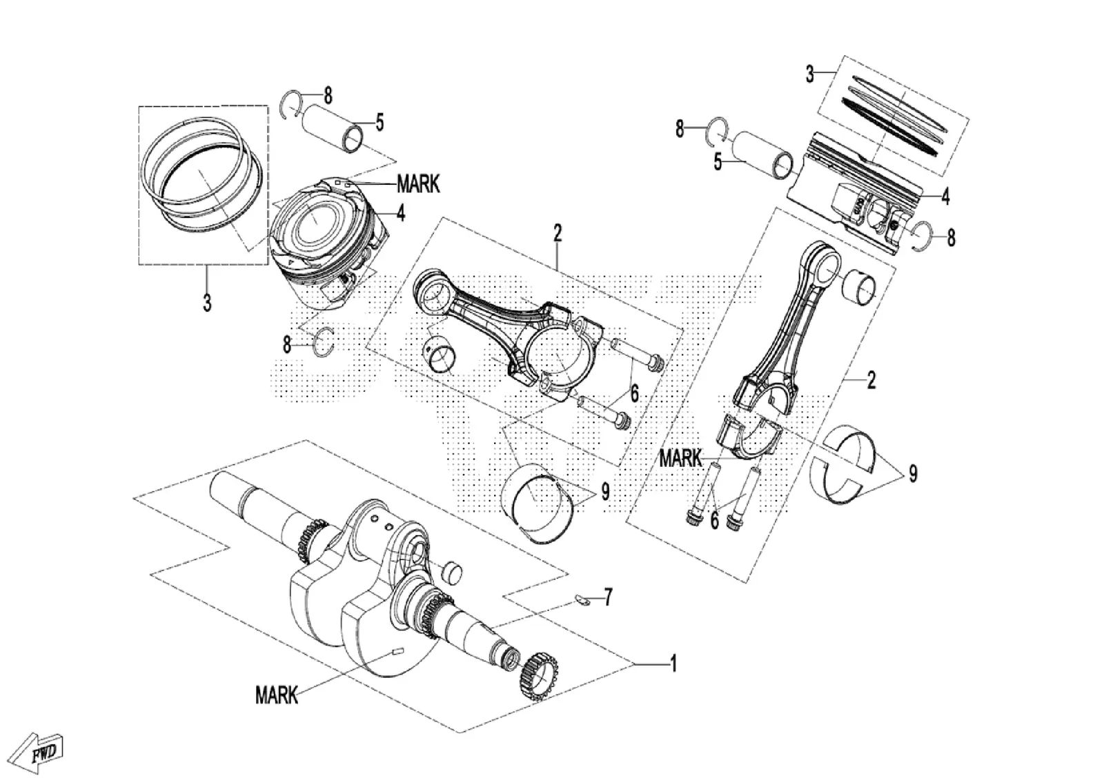 Dibujo del despiece: Cigüeñal, biela y pistón (HORIZONTALLY separado CONNECTING ROD)