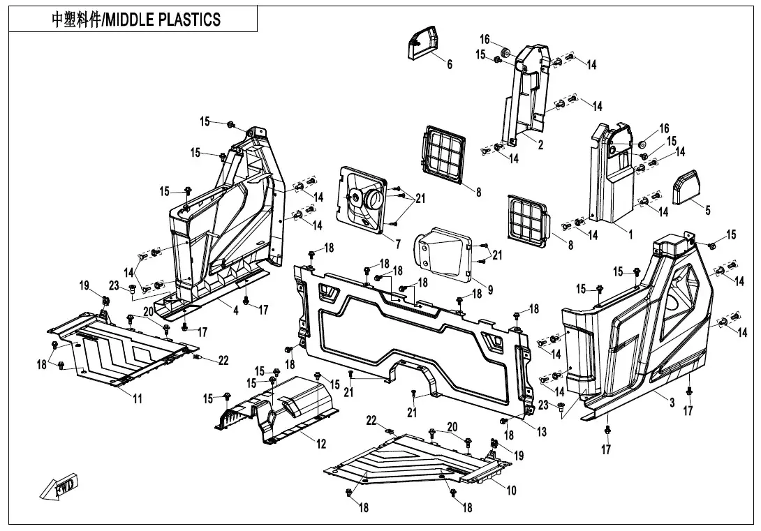 Dibujo del despiece: Plásticos centrales (sin puertas laterales)