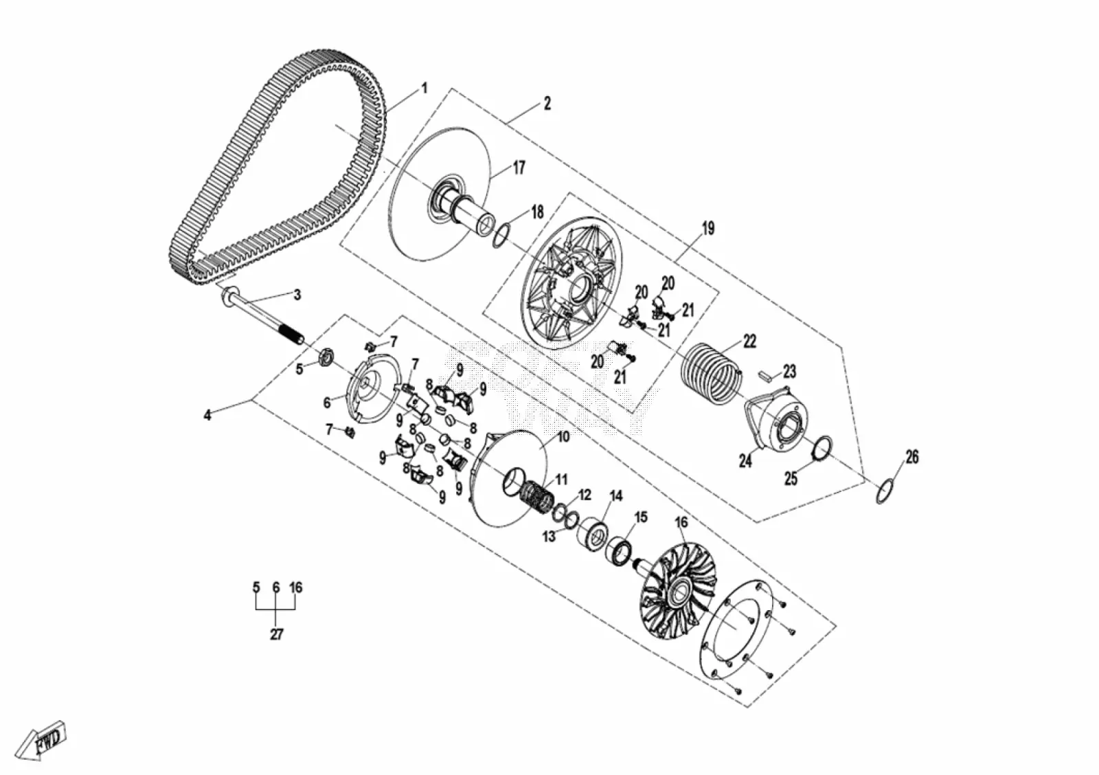Dibujo del despiece: Variador (CVT) (sin limitador de velocidad, rodillos de 16 g)