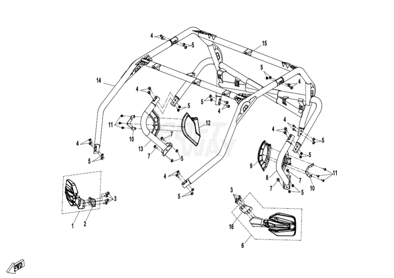 Dibujo del despiece: Arco de cabina (cinturón de 5 puntos)