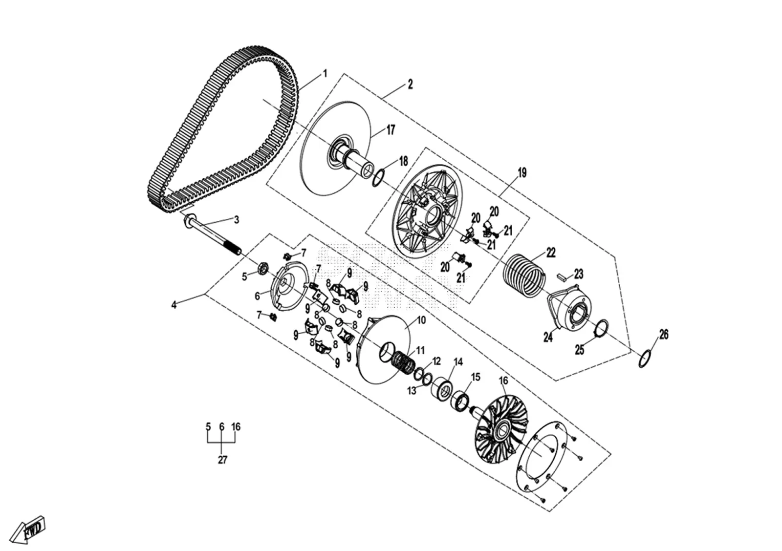 Dibujo del despiece: Variador (CVT) (sin limitador de velocidad, rodillos de 16 g)