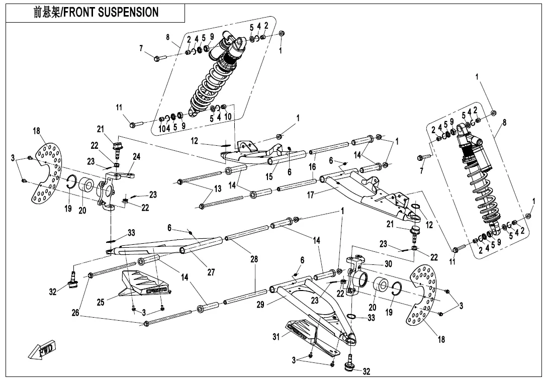 Dibujo del despiece: Suspensión delantera (aceite SHOCK ABSORBER)