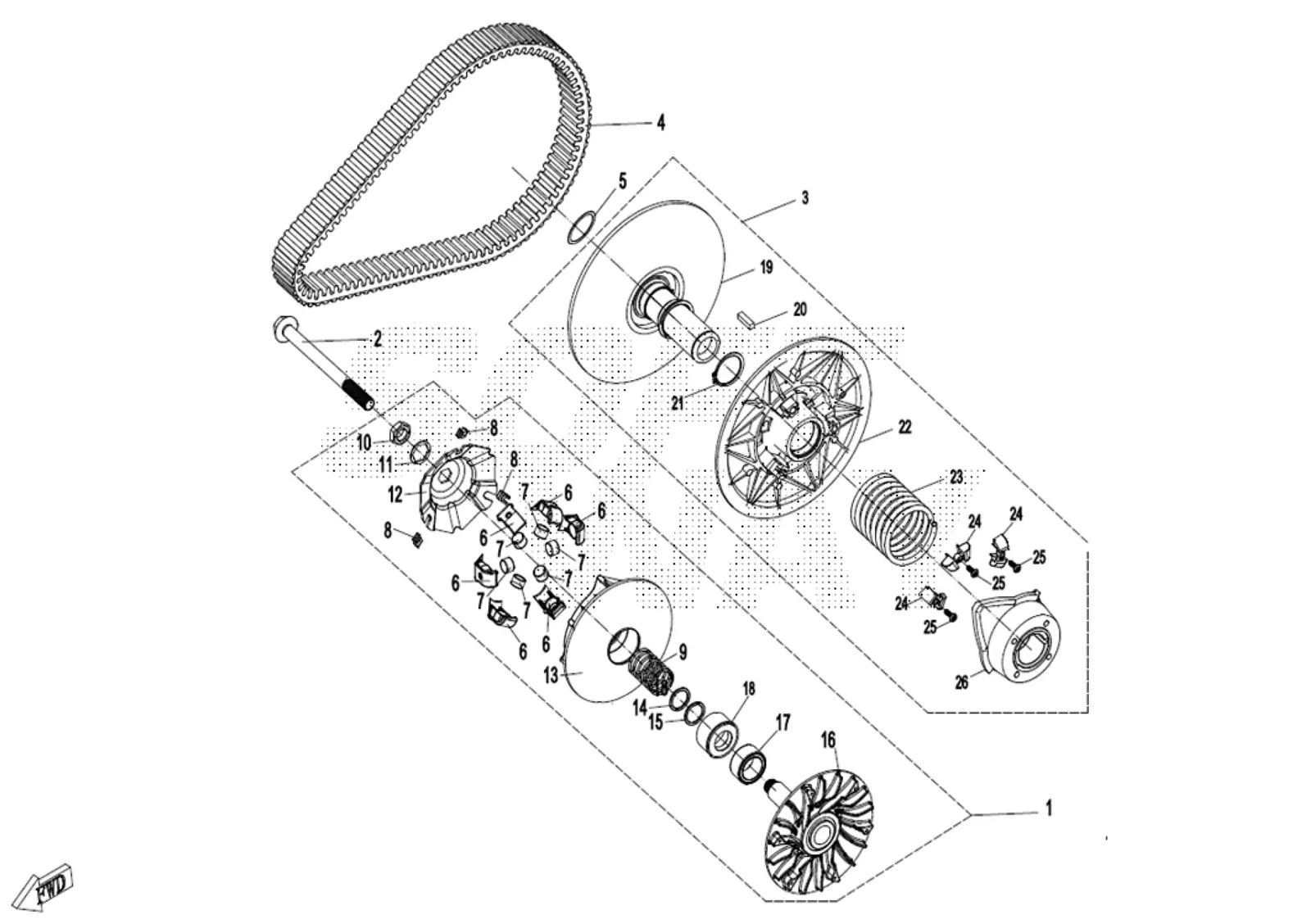 Dibujo del despiece: Embrague y variador (CVT) (rodillos de 18 g)