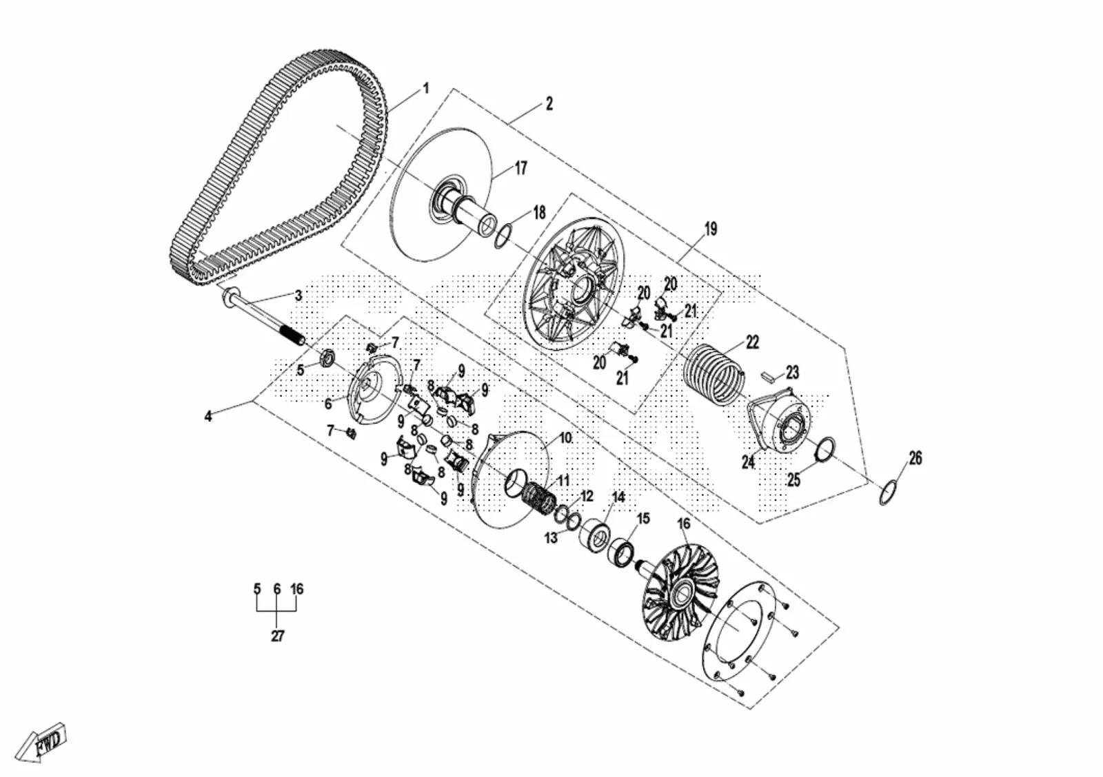 Dibujo del despiece: Variador (CVT) (sin limitador de velocidad, rodillos de 16 g)