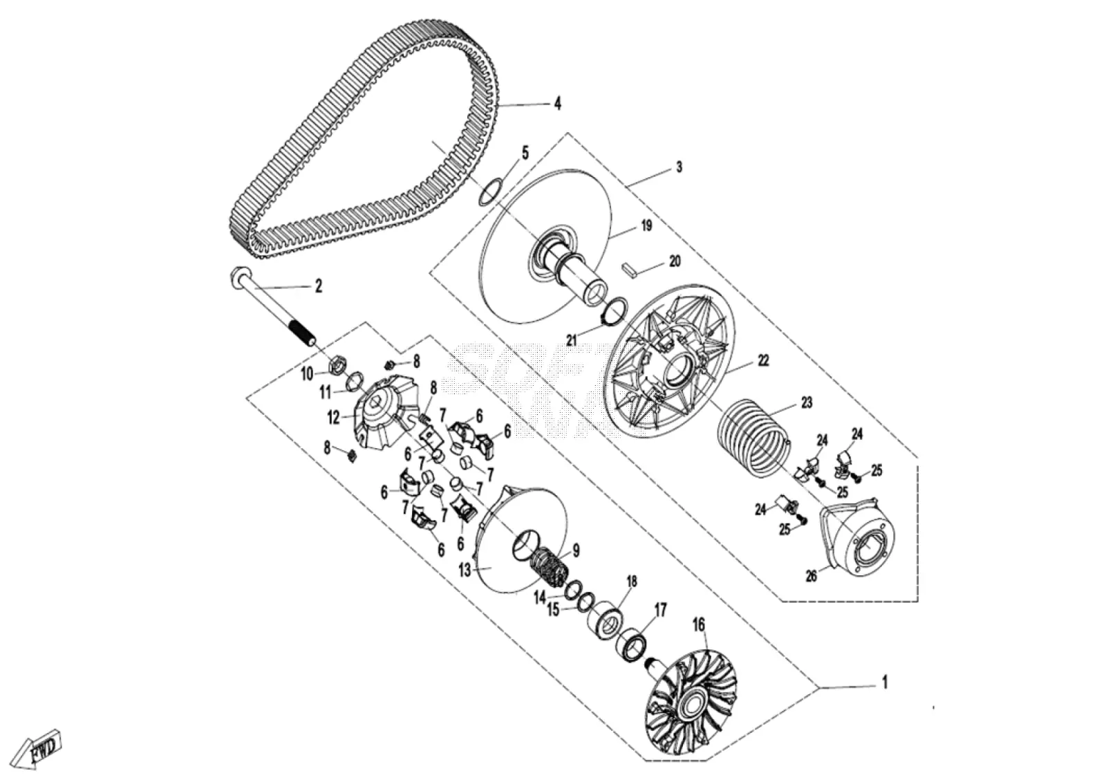 Dibujo del despiece: Embrague y variador (CVT) (rodillos de 16 g)