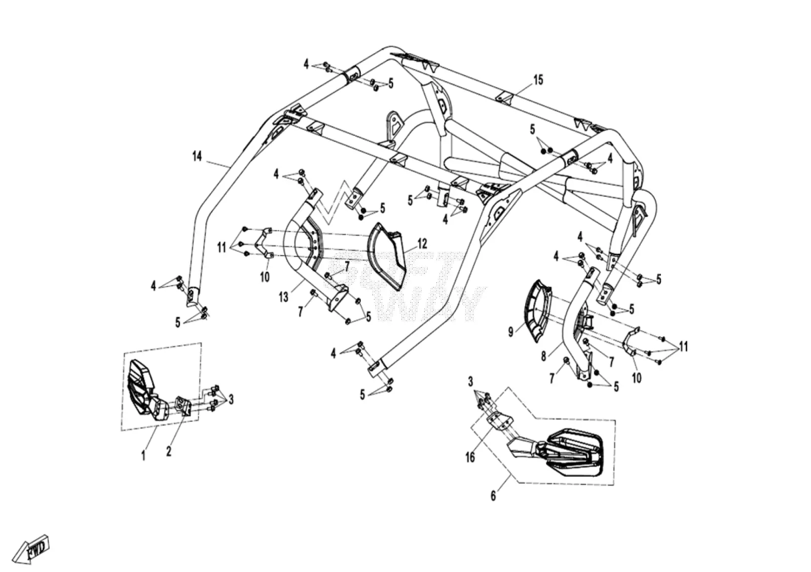 Dibujo del despiece: Arco de cabina (cinturón de 3 puntos)