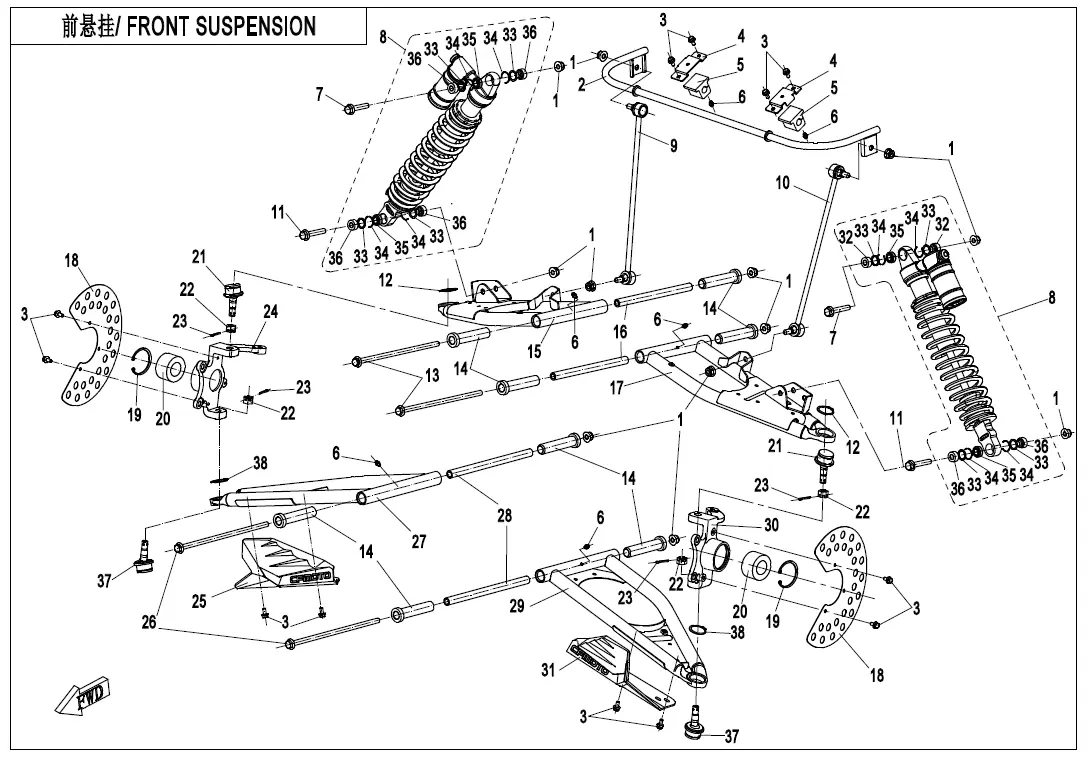 Dibujo del despiece: Suspensión delantera (aceite y gas MIXTURE SHOCK ABSORBER)