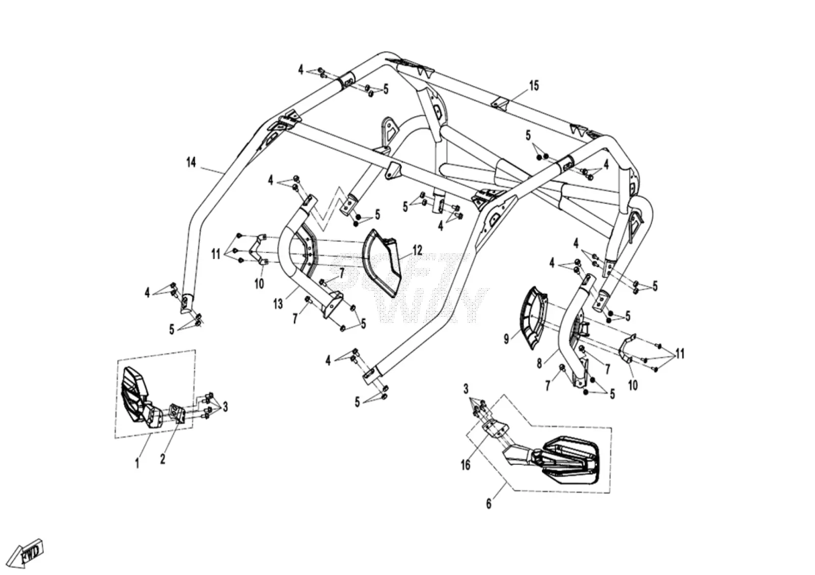 Dibujo del despiece: Arco de cabina (cinturón de 3 puntos)