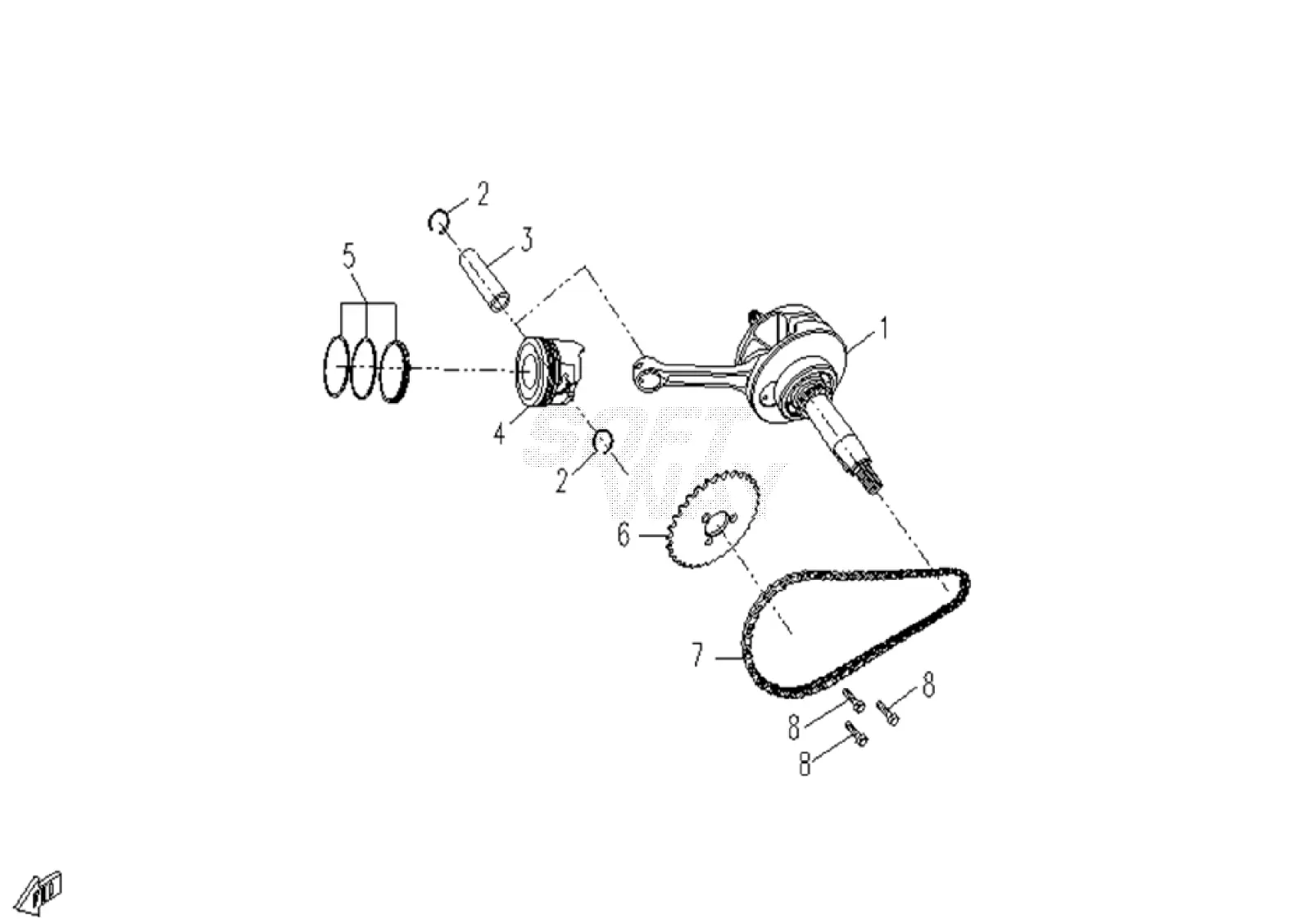 Dibujo del despiece: Pistón y cigüeñal